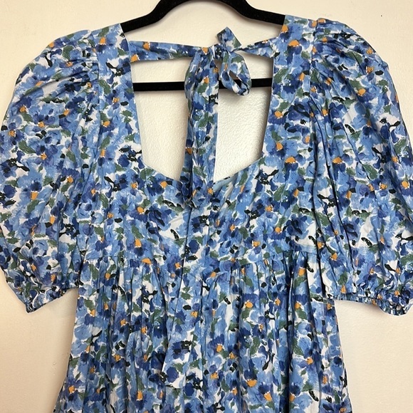 Jacquie The Label Watercolor Floral Print Puff Sleeve Tie Back Babydoll Dress - Picture 14 of 15